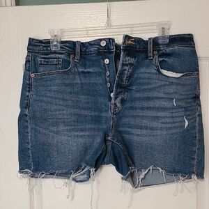 Old Navy High Rise OG Straight Distressed Button-Fly Denim Shorts in Blue